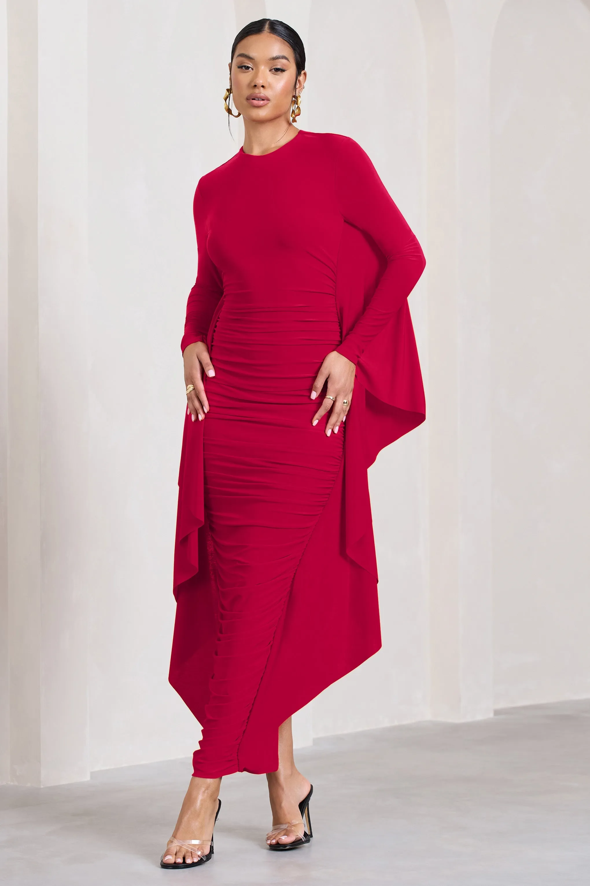 Keva | Red Long Sleeve Ruched Maxi Dress with Cape Detailing sold by Club L London