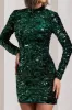 My Light | Bottle Green Sequin High-Neck Long-Sleeve Bodycon Mini Dress sold by Club L London
