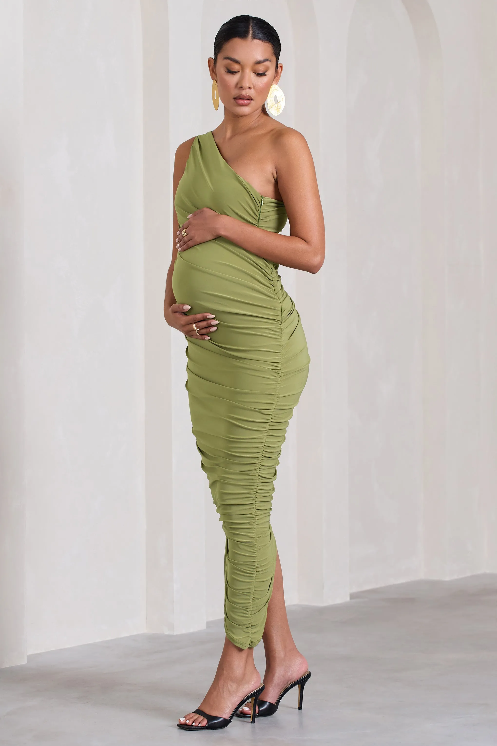 Late Night | Olive Maternity Ruched One Shoulder Midi Dress sold by Club L London product image thumbnail 5