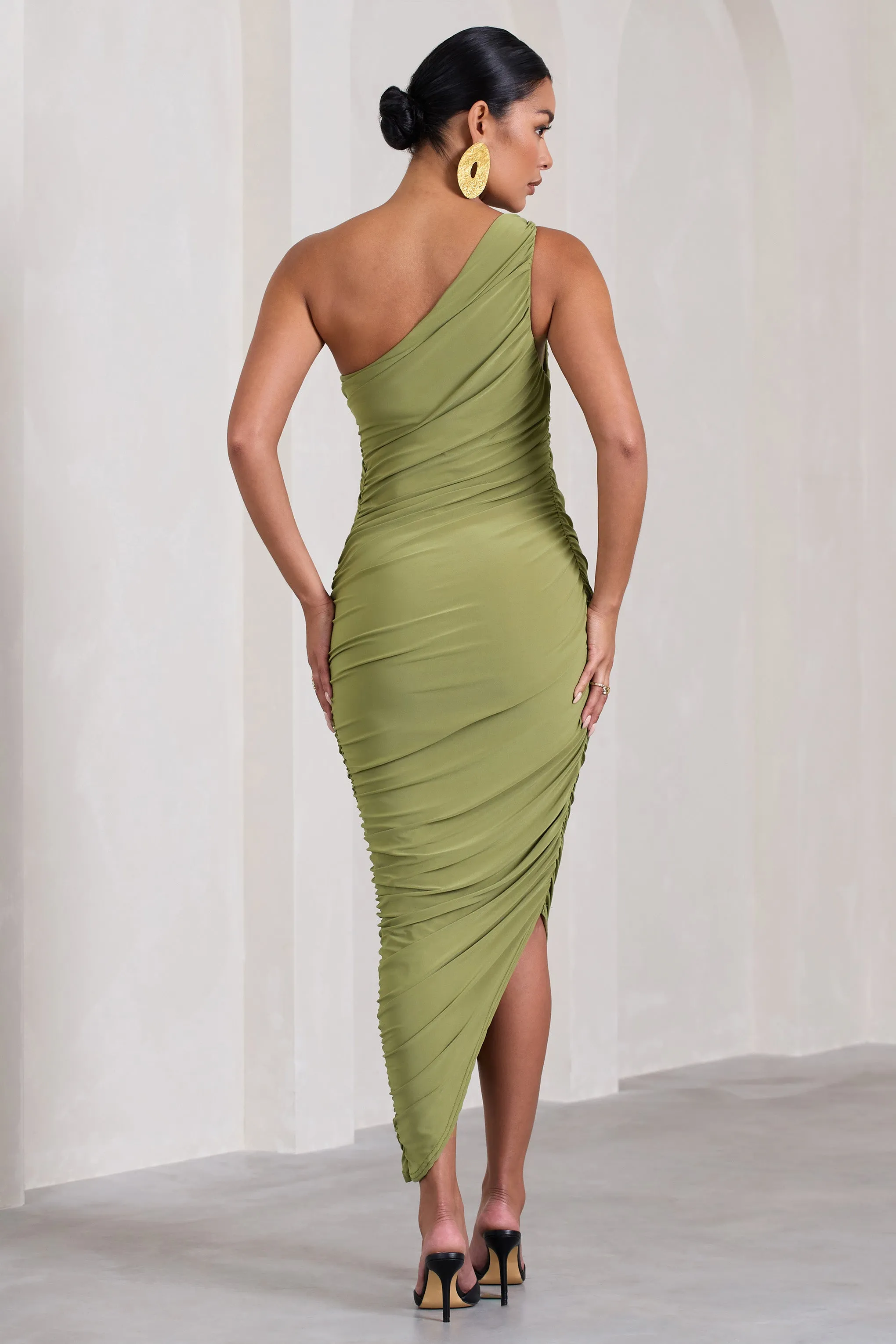 Late Night | Olive Maternity Ruched One Shoulder Midi Dress sold by Club L London product image thumbnail 2