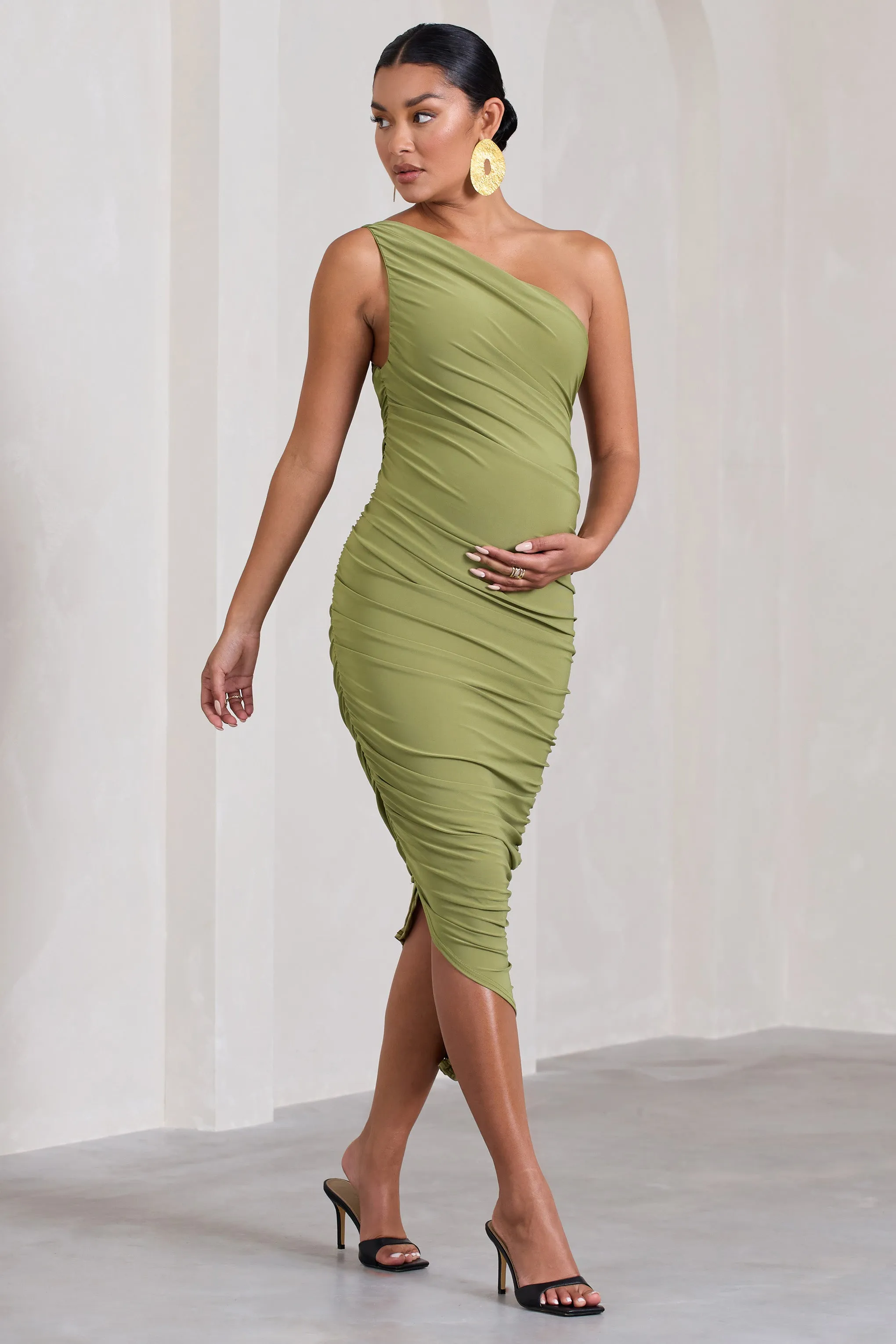 Late Night | Olive Maternity Ruched One Shoulder Midi Dress sold by Club L London product image thumbnail 3