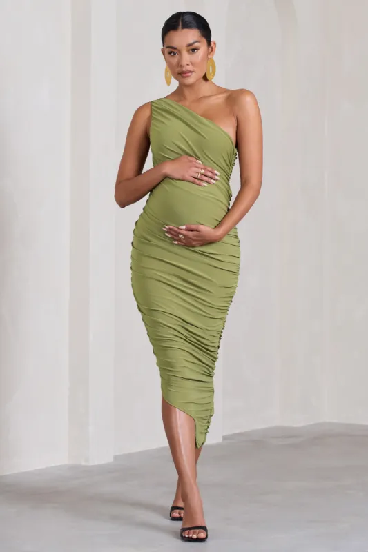 Late Night | Olive Maternity Ruched One Shoulder Midi Dress sold by Club L London
