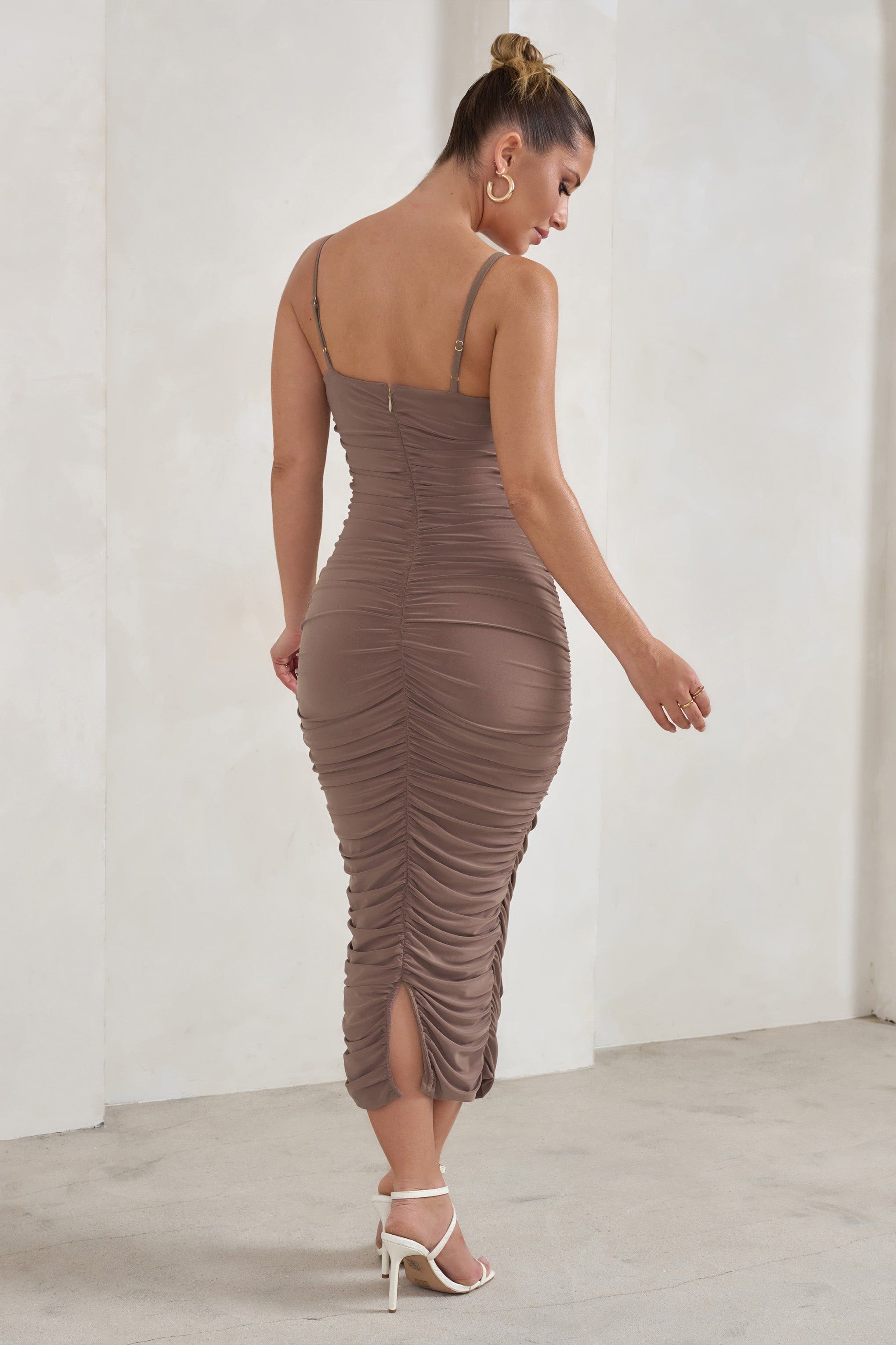 Saffy | Brown Cami Mesh Ruched Midi Dress sold by Club L London product image thumbnail 2