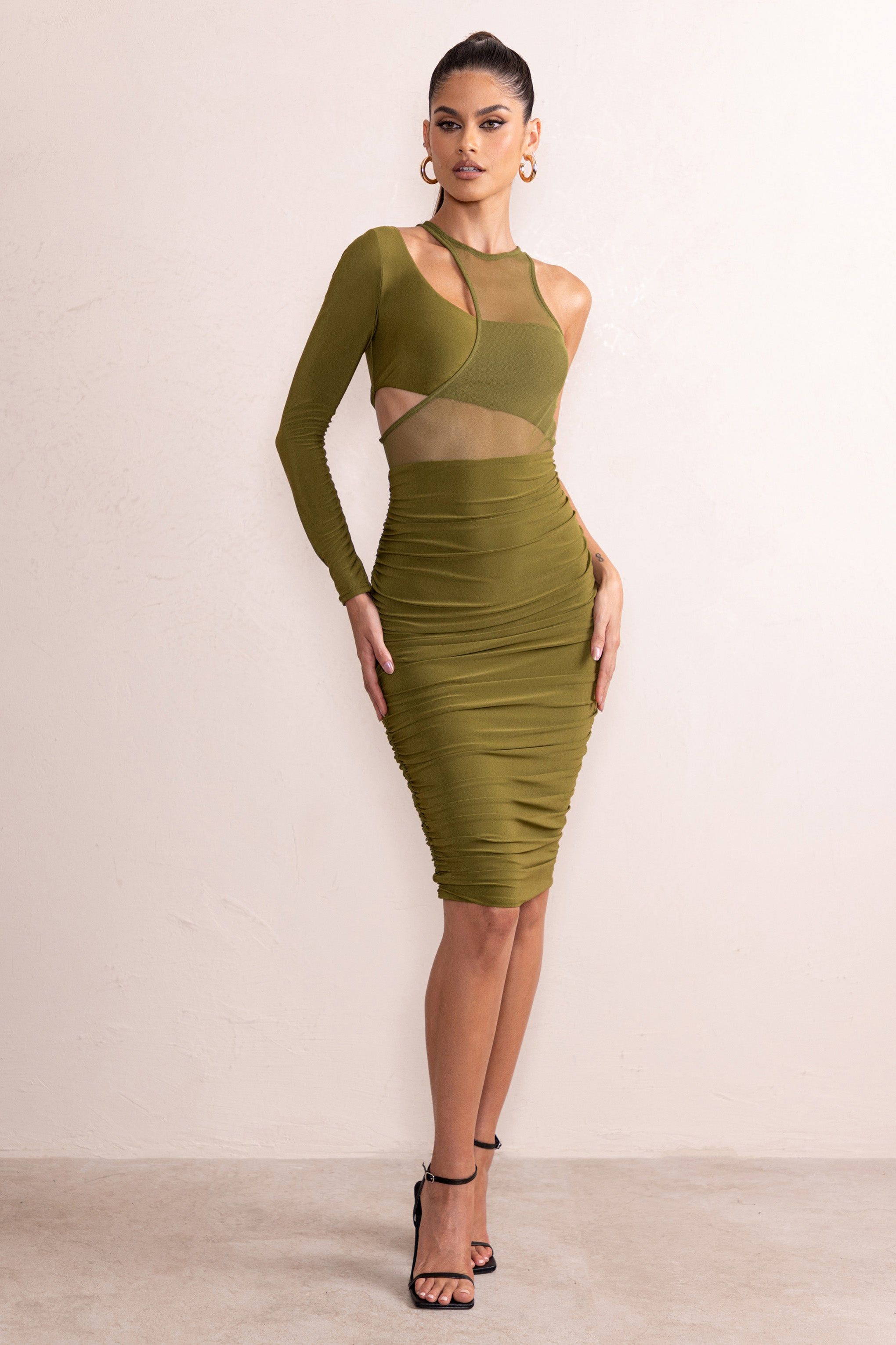 Olivia | Khaki Mesh One Shoulder Layered Midi Dress With Ruching sold by Club L London