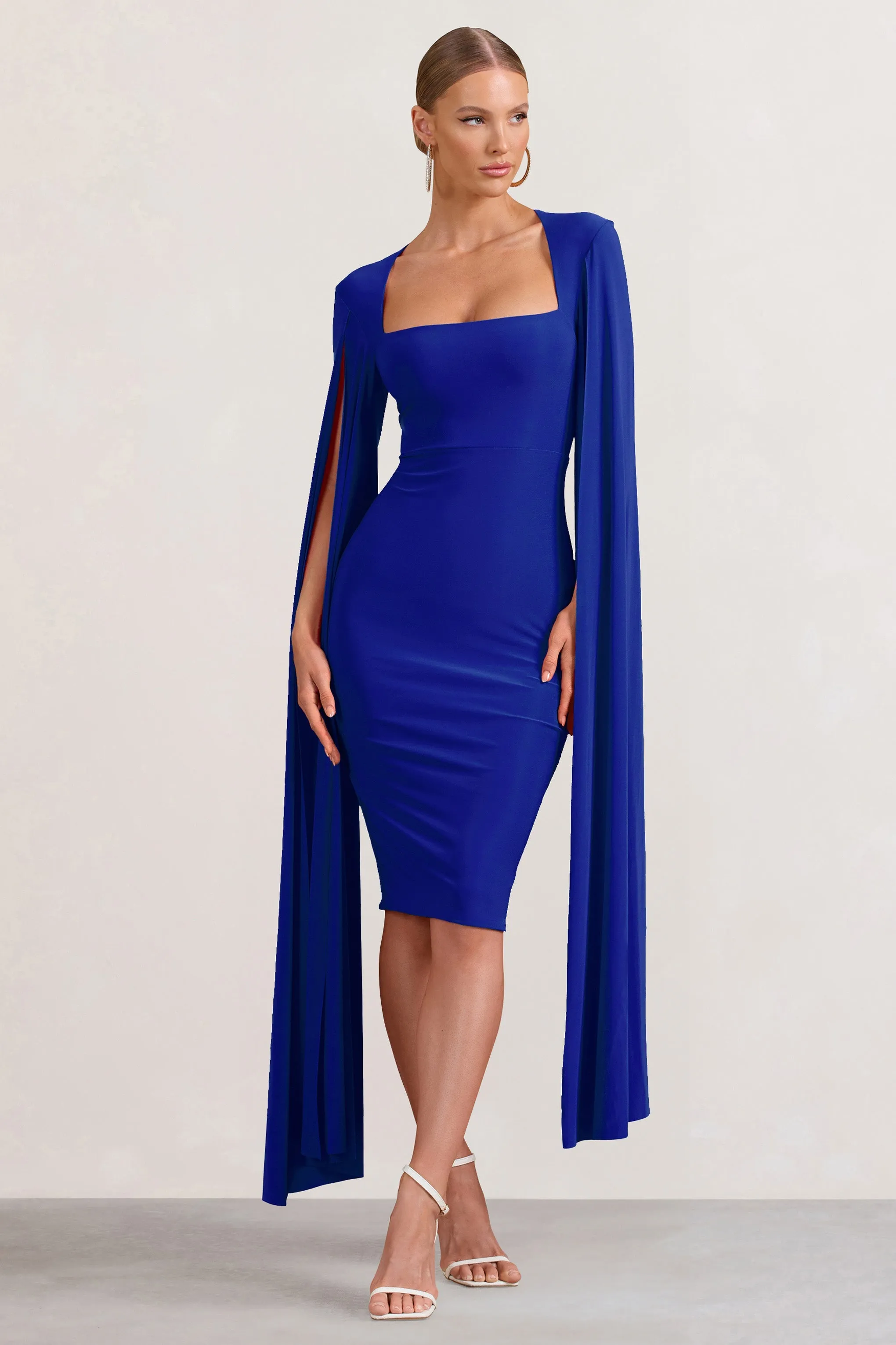 Flawless | Cobalt Blue Square Neck Midi Dress With Cape Sleeves sold by Club L London product image thumbnail 5