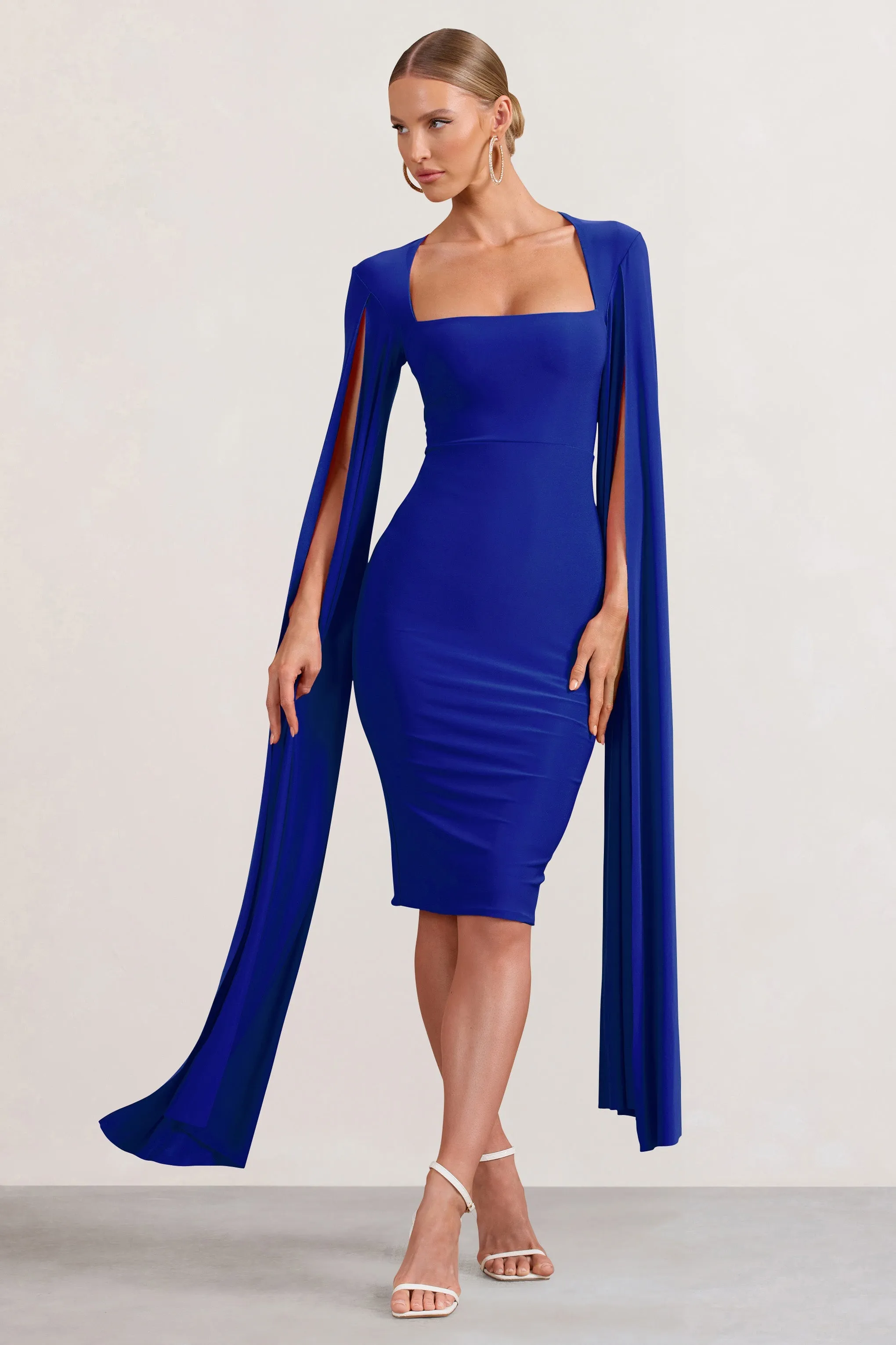 Flawless | Cobalt Blue Square Neck Midi Dress With Cape Sleeves sold by Club L London product image thumbnail 4