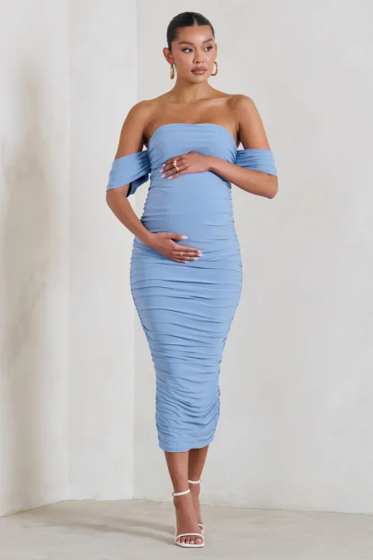 Plus One | Powder Blue Maternity Ruched Bardot Midi Dress sold by Club L London