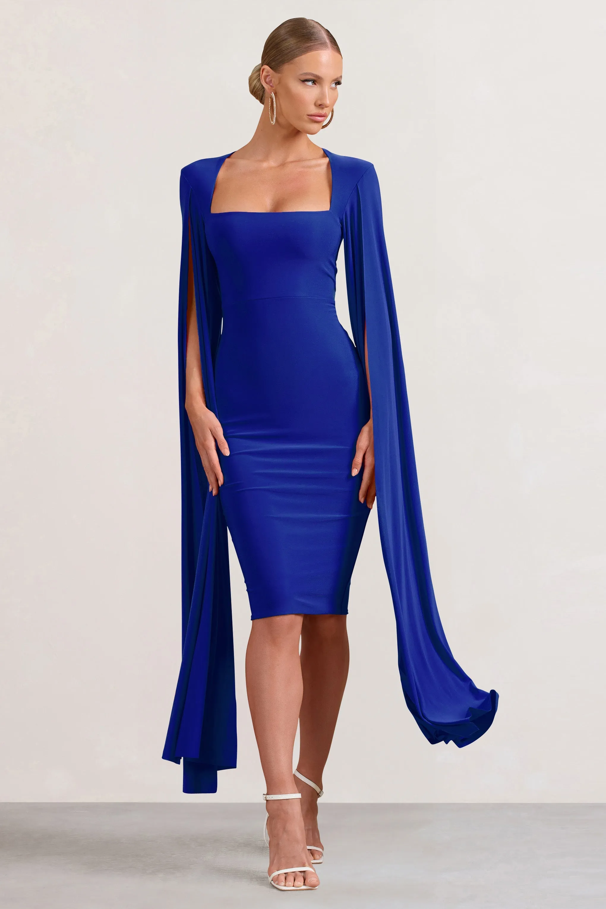 Flawless | Cobalt Blue Square Neck Midi Dress With Cape Sleeves sold by Club L London