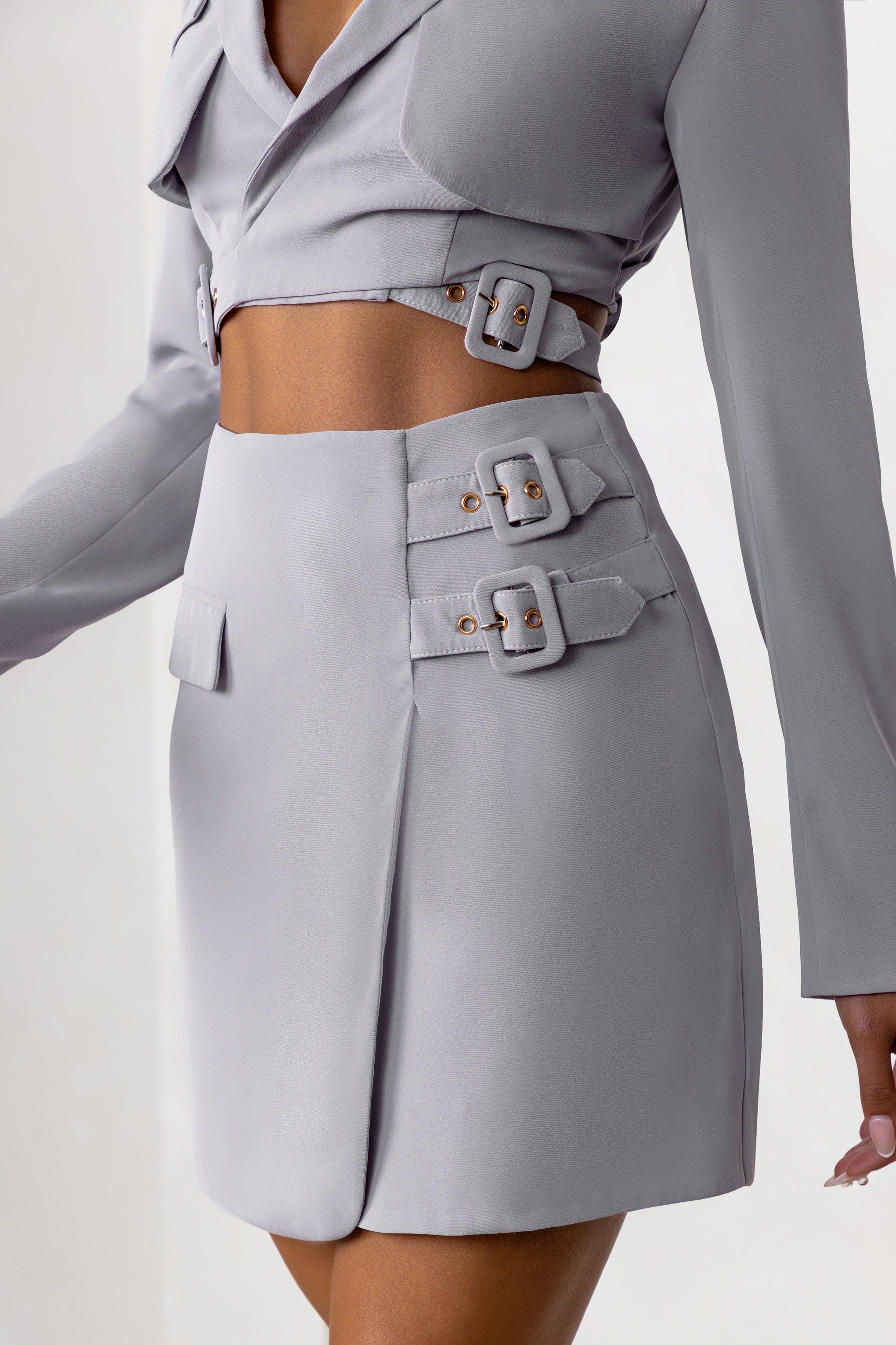 Jet Set | Dove Grey Belt Strap Pocket Detail Mini Skirt sold by Club L London product image thumbnail 3