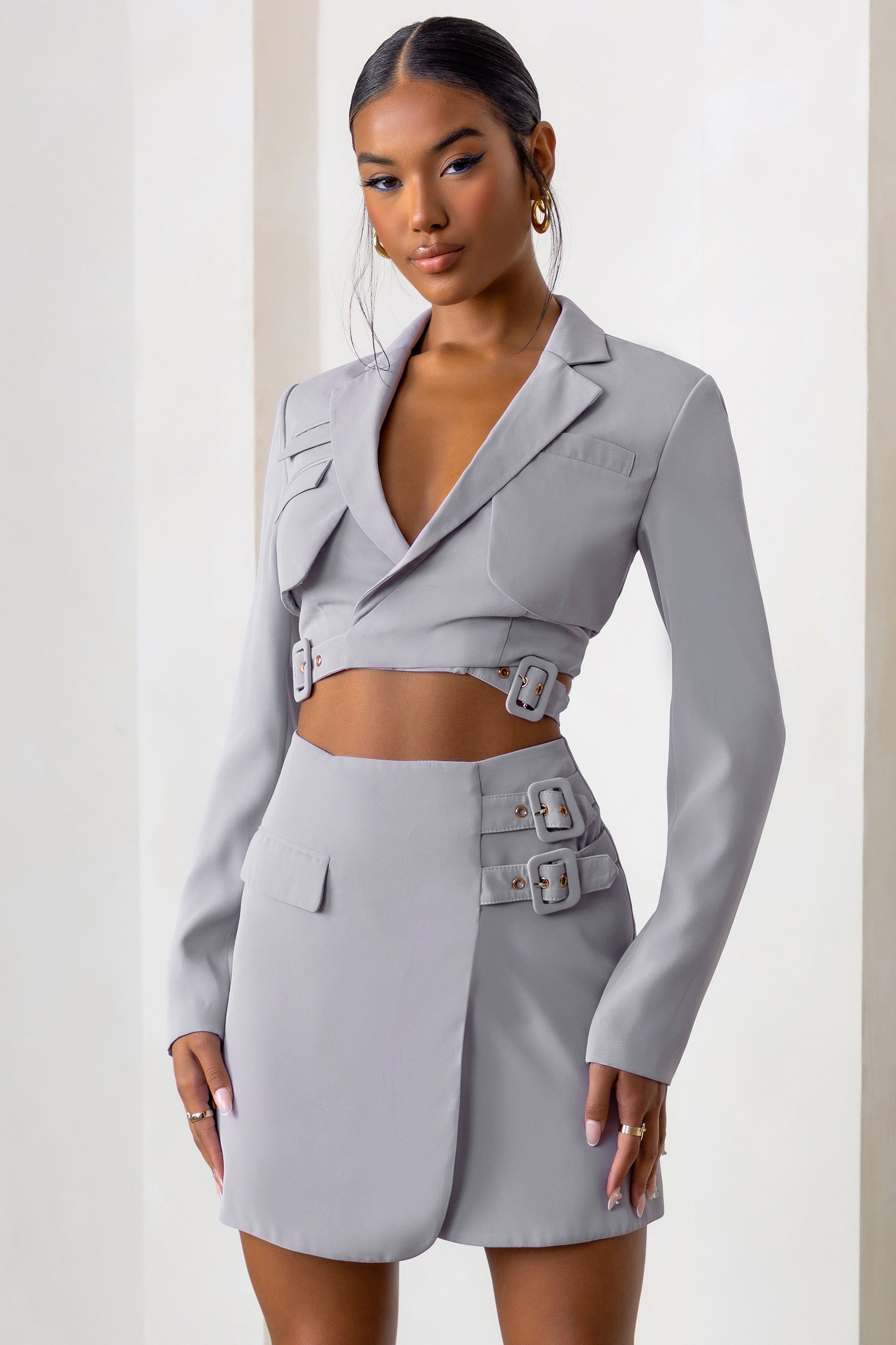 Jet Set | Dove Grey Belt Strap Pocket Detail Mini Skirt sold by Club L London product image thumbnail 4