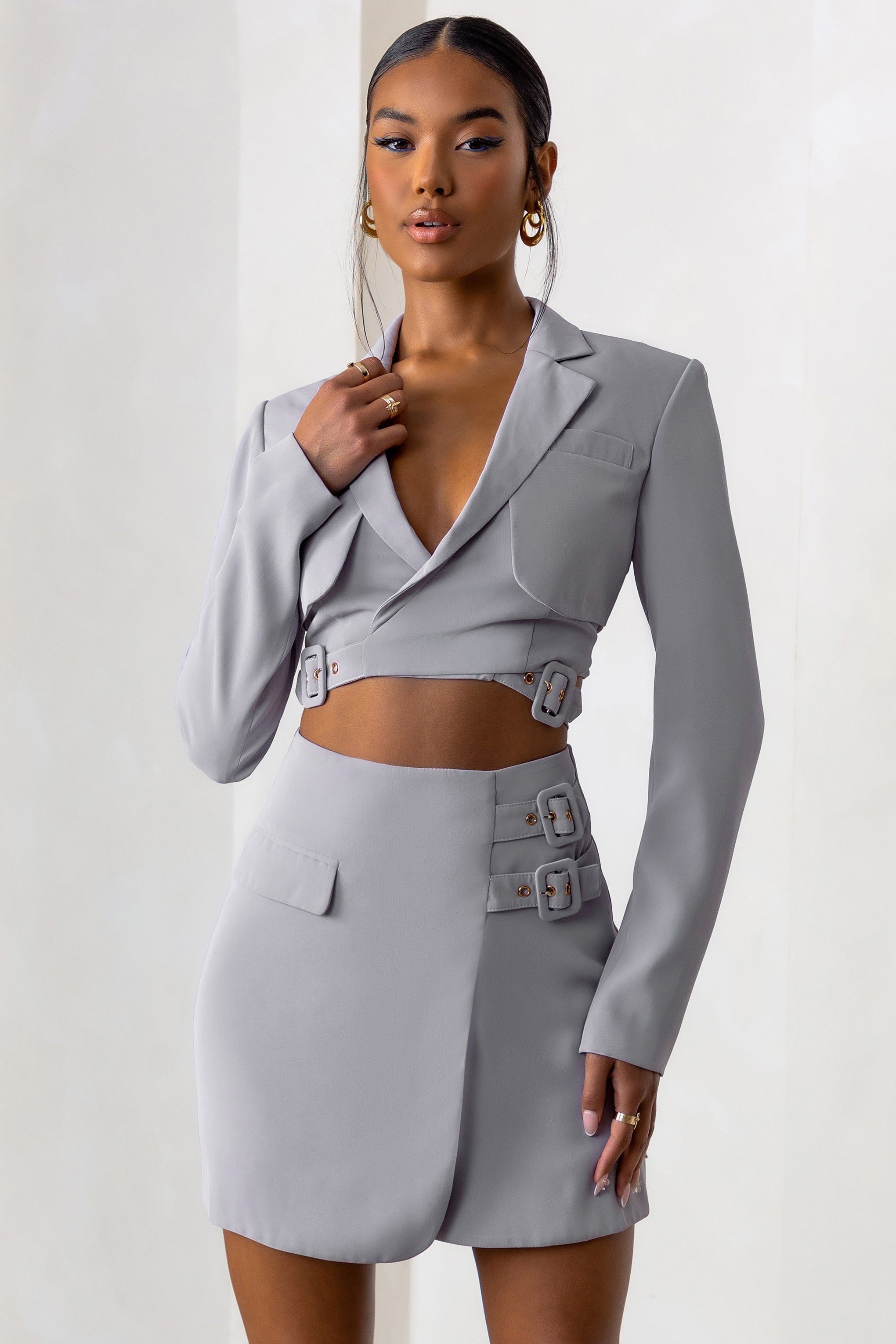 Jet Set | Dove Grey Belt Strap Pocket Detail Mini Skirt sold by Club L London