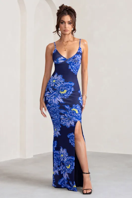 Farah | Blue Floral Print Plunge Neck Maxi Dress With Split Detail sold by Club L London