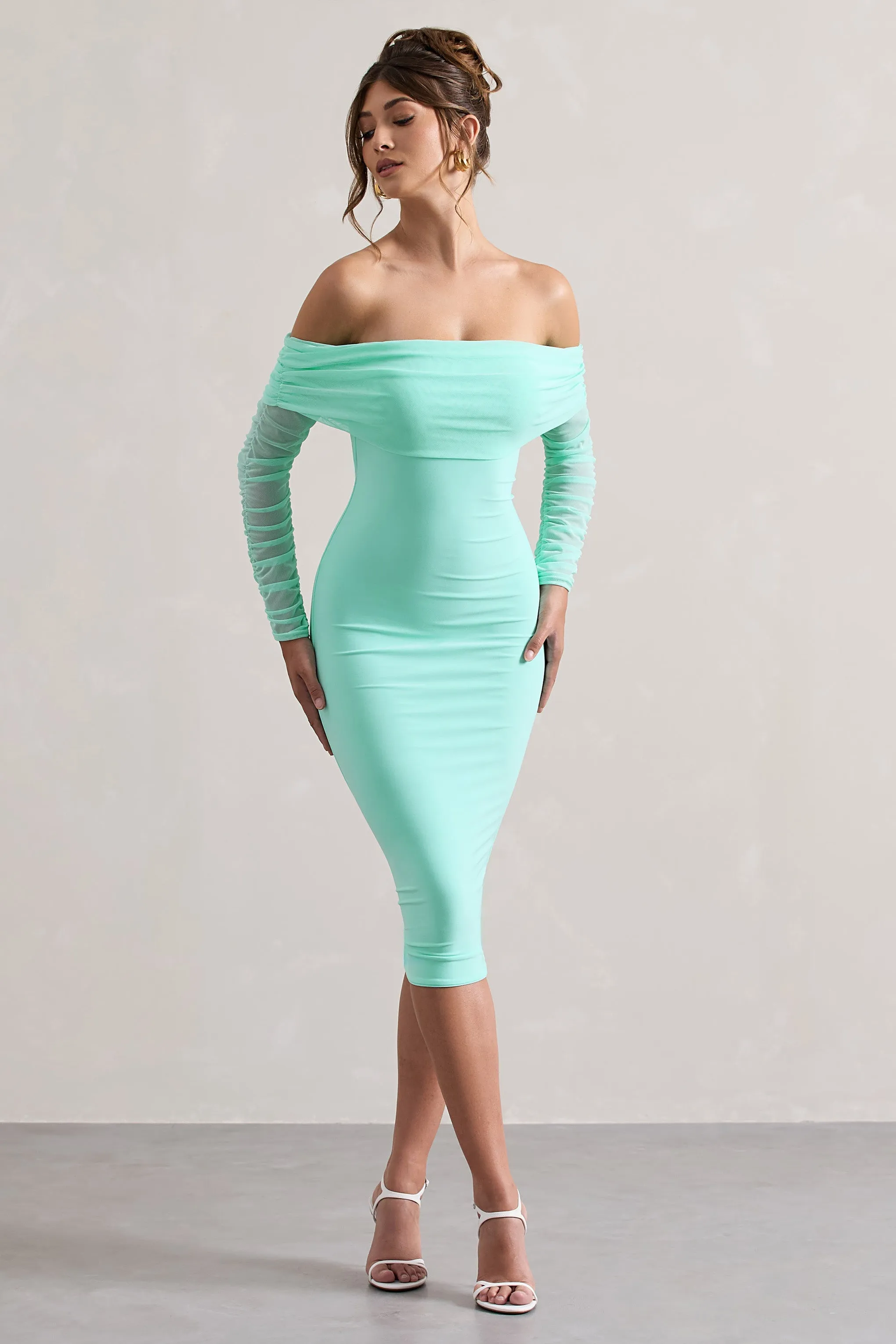 Only You | Mint Ruched Mesh Bardot Midi Dress sold by Club L London product image thumbnail 4