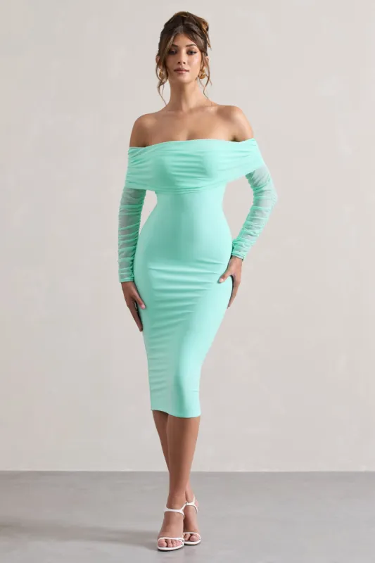 Only You | Mint Ruched Mesh Bardot Midi Dress sold by Club L London