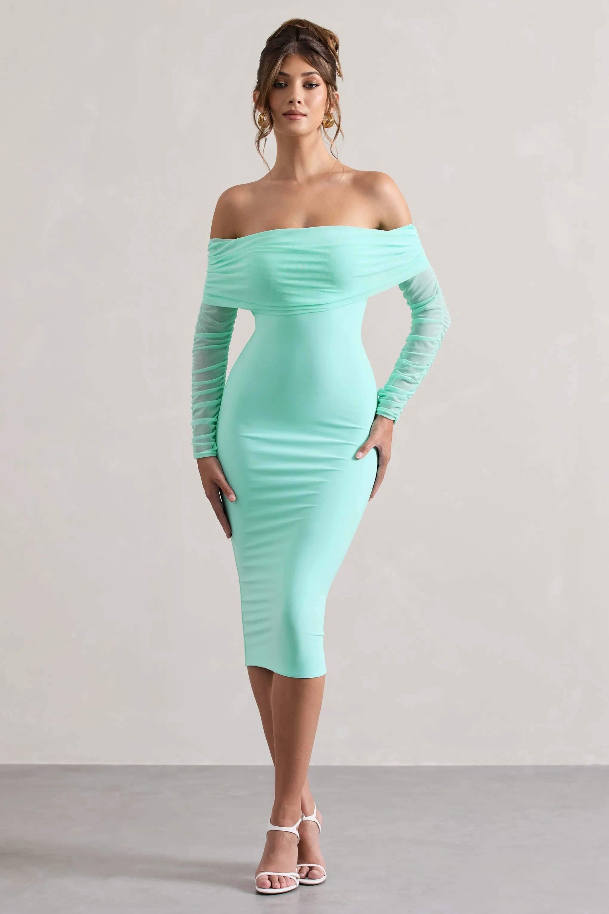 Only You | Mint Ruched Mesh Bardot Midi Dress sold by Club L London