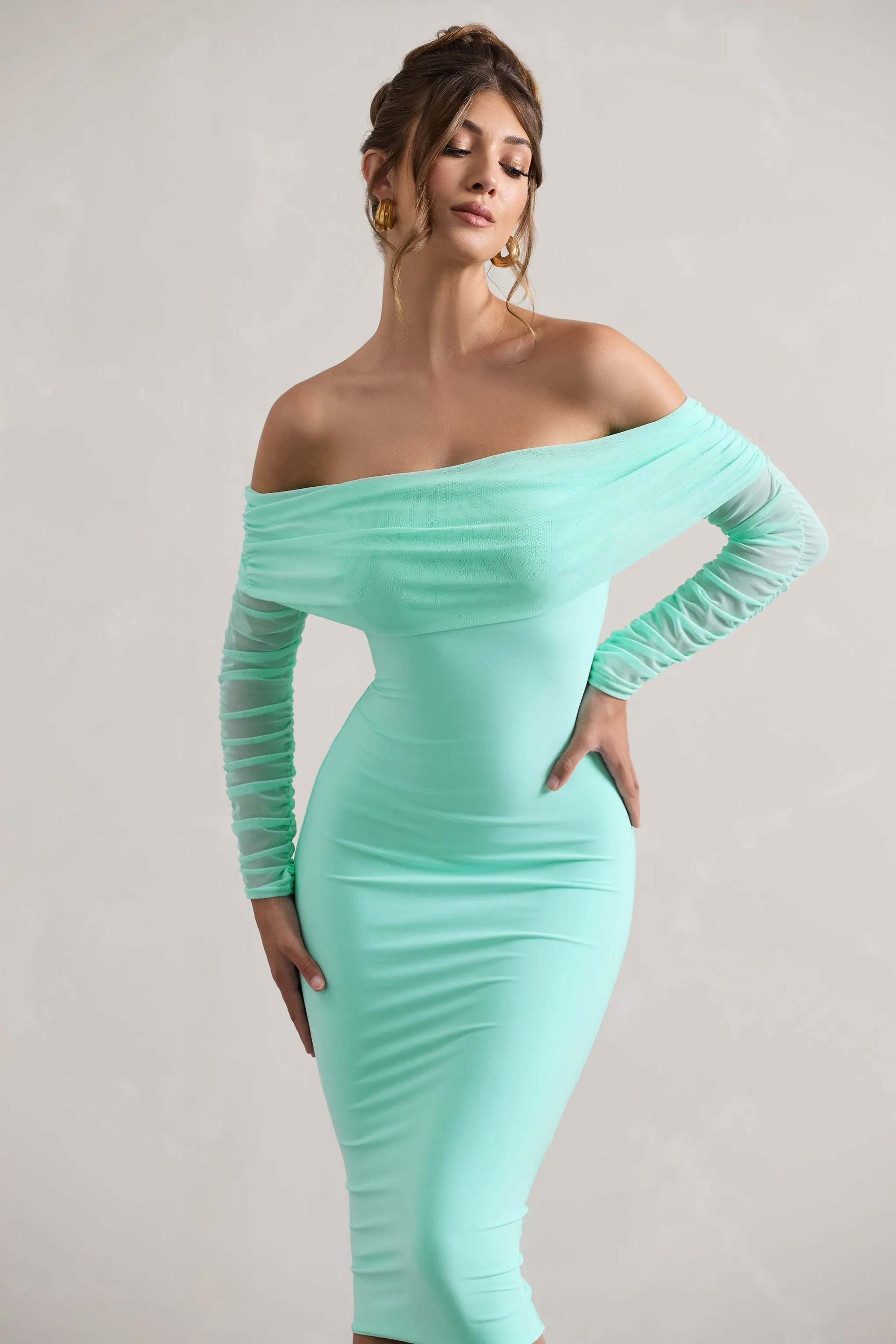 Only You | Mint Ruched Mesh Bardot Midi Dress sold by Club L London product image thumbnail 3