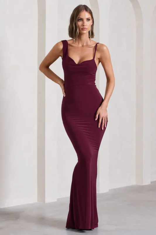 Phantasy | Burgundy Asymmetric Neckline Cowl Maxi Dress sold by Club L London