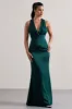 Tiffany | Bottle Green Satin Plunge-Neck Maxi Dress sold by Club L London