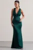 Tiffany | Bottle Green Satin Plunge-Neck Maxi Dress sold by Club L London