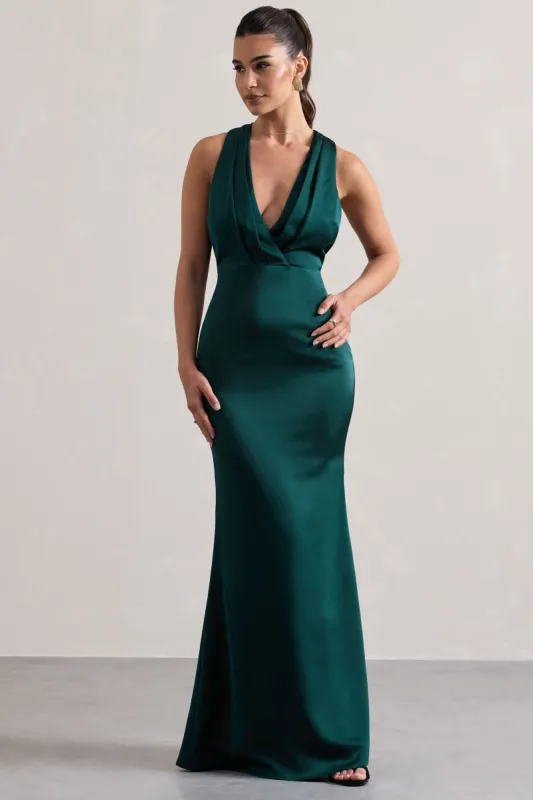 Tiffany | Bottle Green Satin Plunge-Neck Maxi Dress sold by Club L London