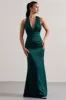 Tiffany | Bottle Green Satin Plunge-Neck Maxi Dress sold by Club L London