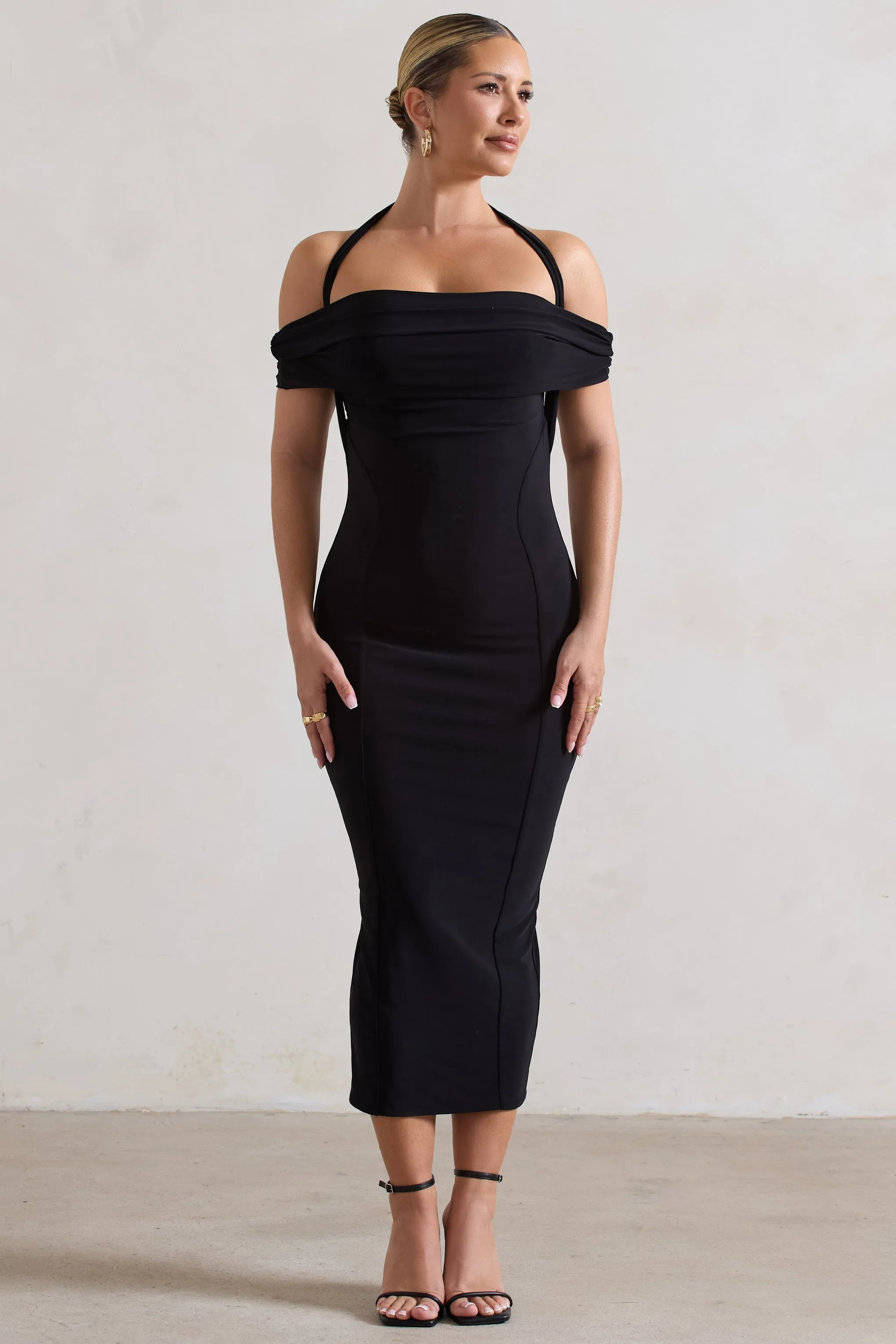 Gwen | Black Bardot Halter-Neck Midi Dress sold by Club L London product image thumbnail 4