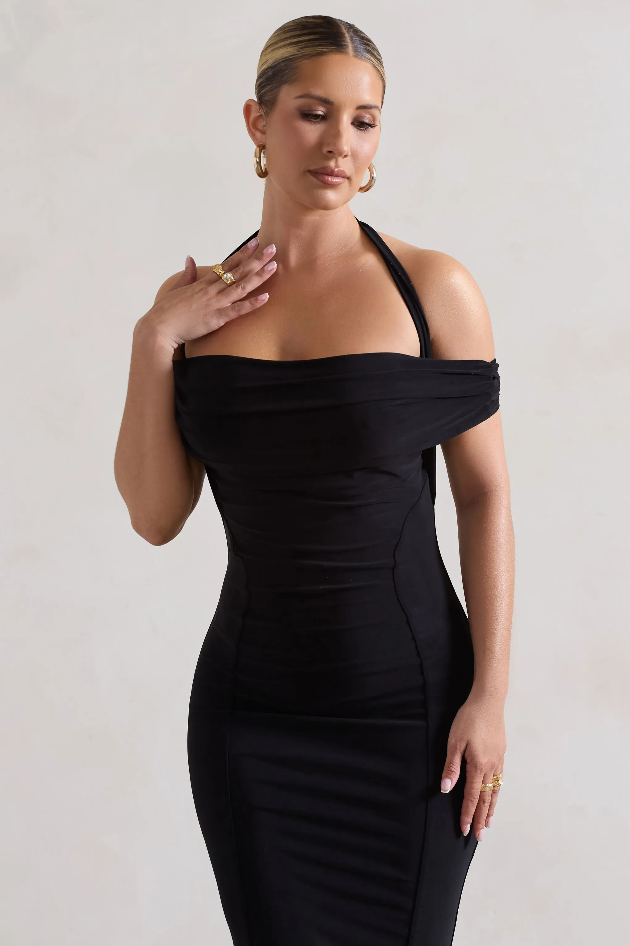 Gwen | Black Bardot Halter-Neck Midi Dress sold by Club L London product image thumbnail 3