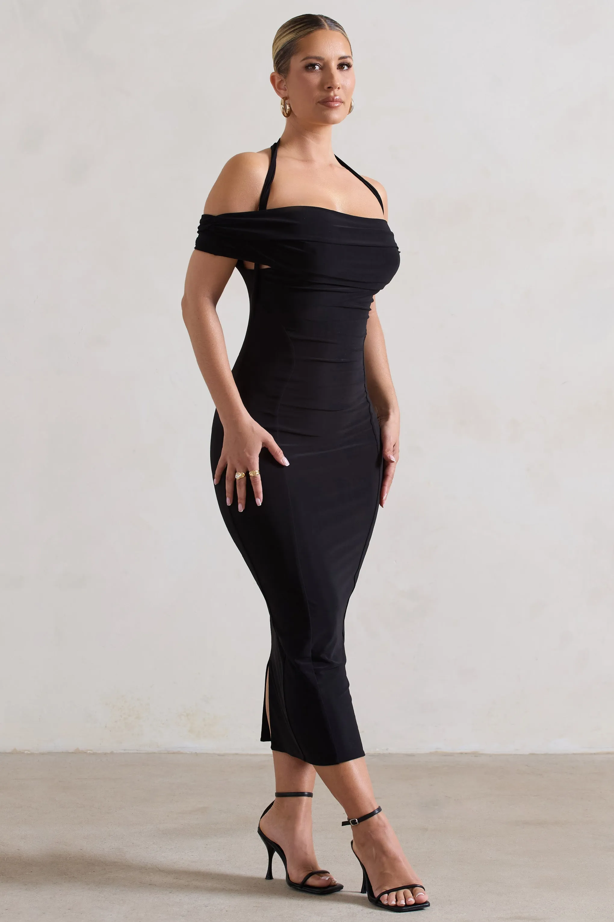 Gwen | Black Bardot Halter-Neck Midi Dress sold by Club L London product image thumbnail 5
