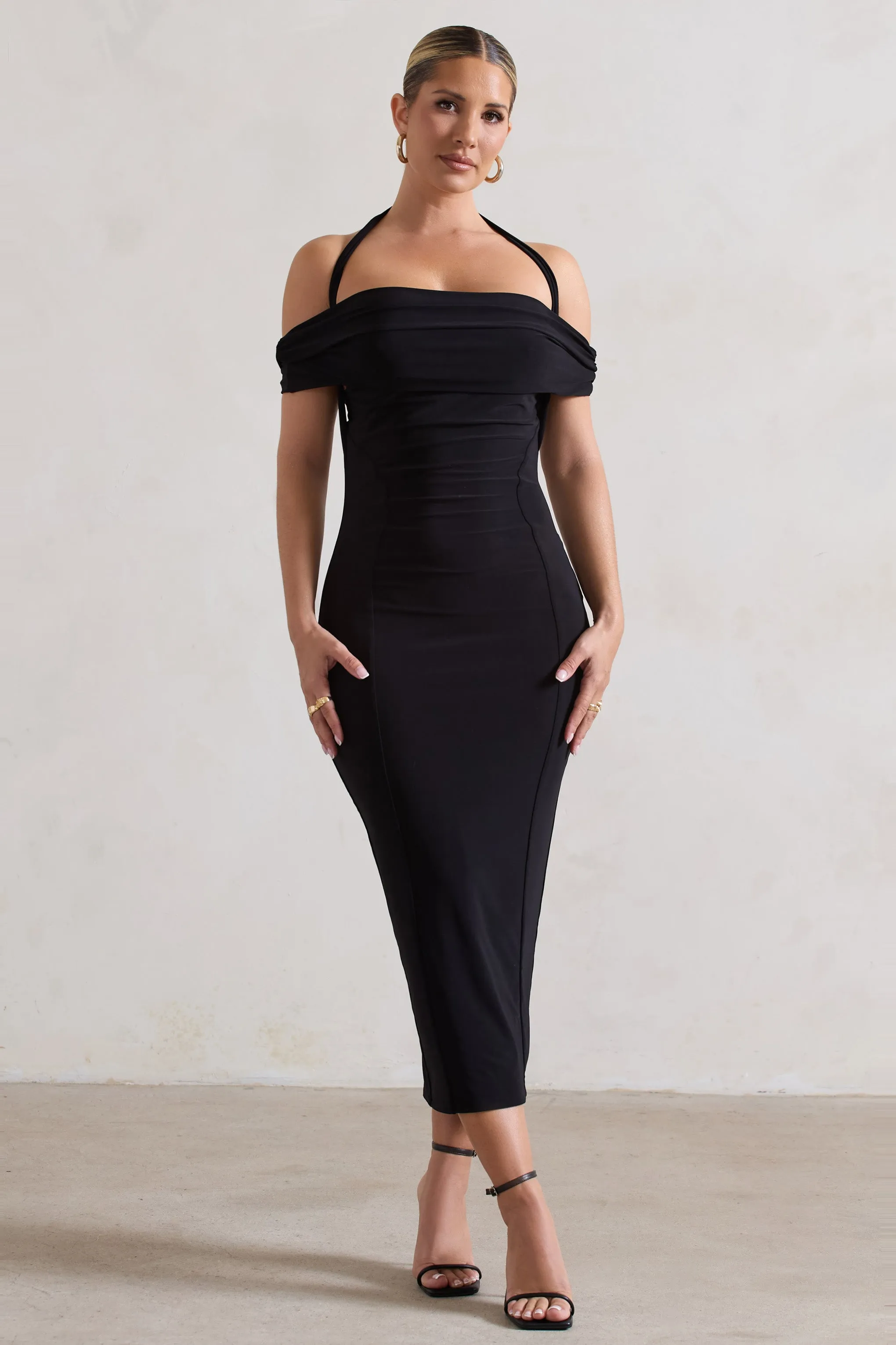 Gwen | Black Bardot Halter-Neck Midi Dress sold by Club L London