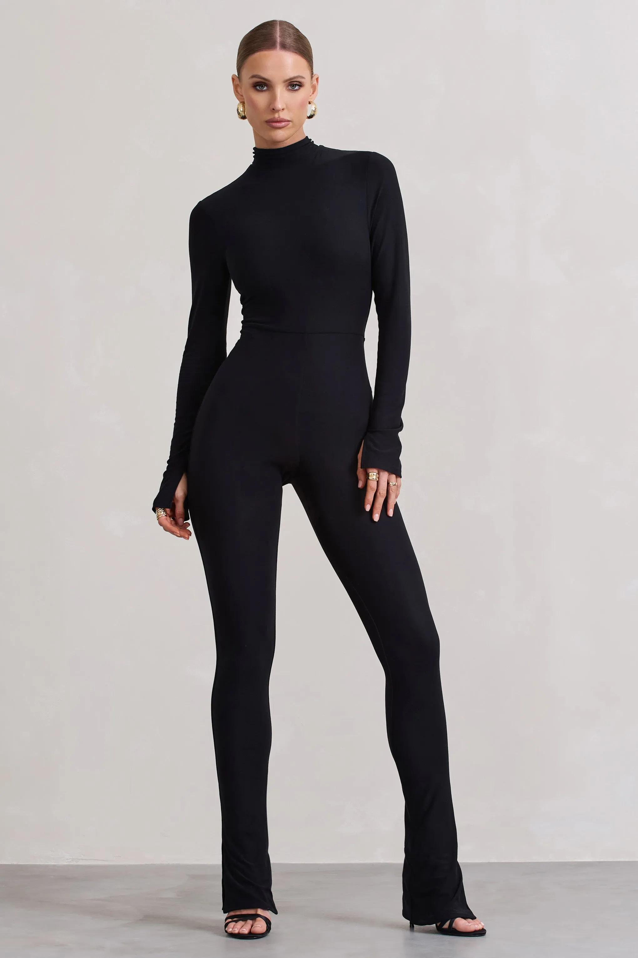 Elevated | Black High-Neck Slim-Leg Jumpsuit With Long Sleeves sold by Club L London product image thumbnail 4