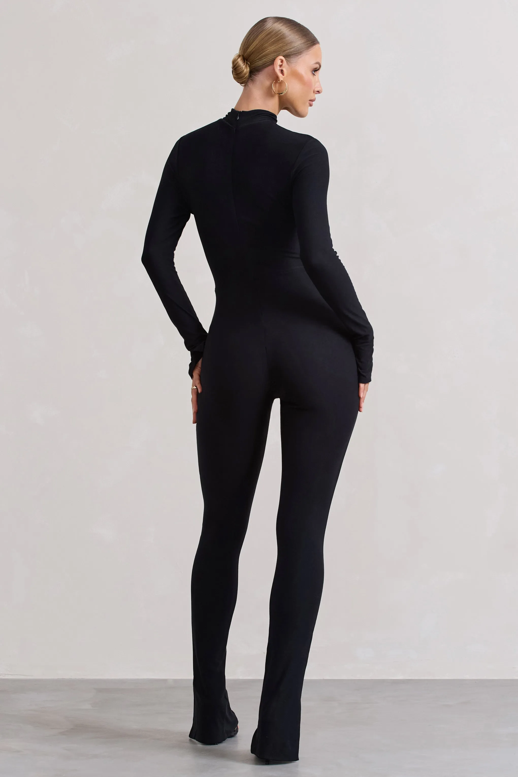Elevated | Black High-Neck Slim-Leg Jumpsuit With Long Sleeves sold by Club L London product image thumbnail 2