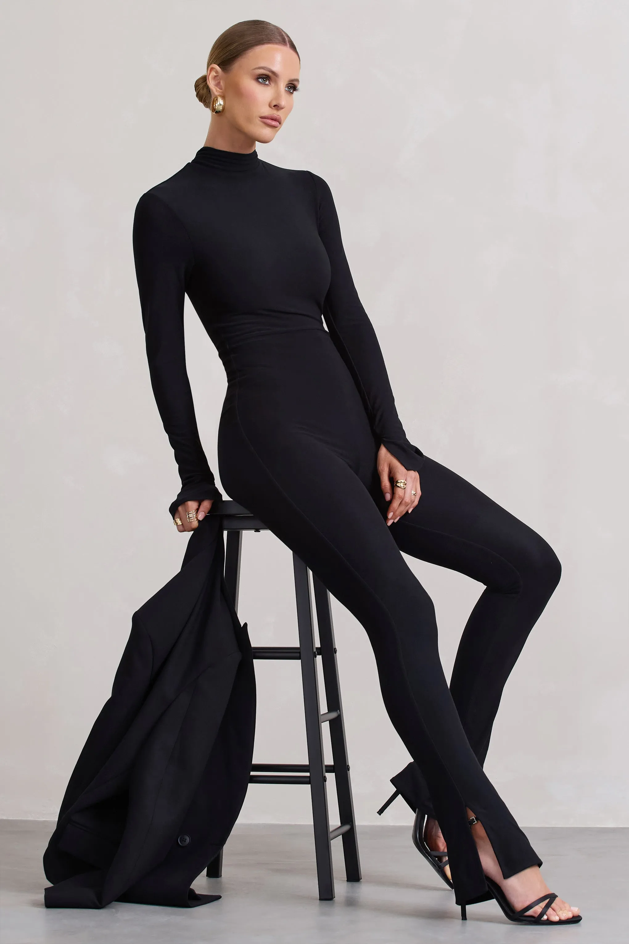 Elevated | Black High-Neck Slim-Leg Jumpsuit With Long Sleeves sold by Club L London