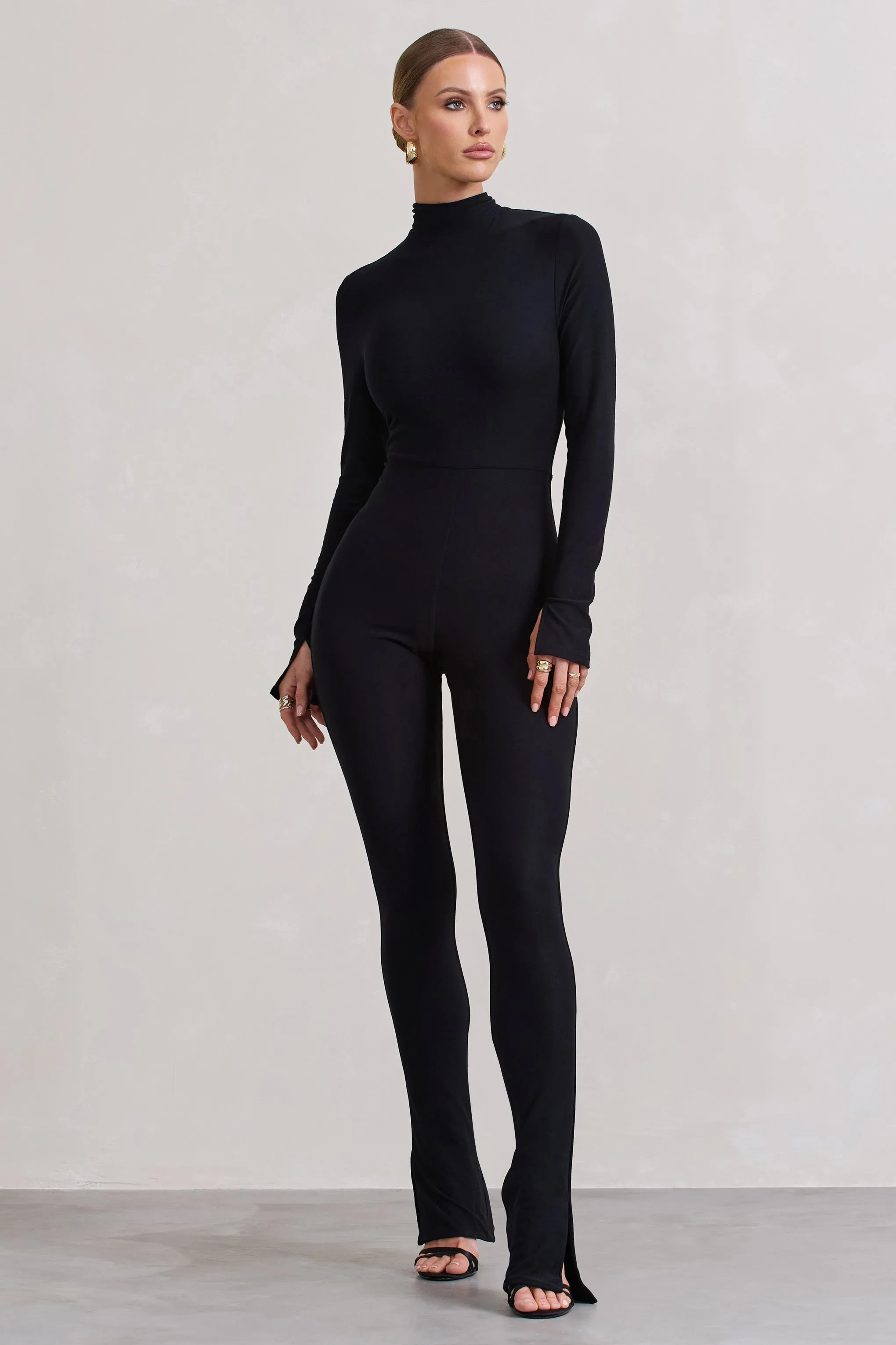 Elevated | Black High-Neck Slim-Leg Jumpsuit With Long Sleeves sold by Club L London product image thumbnail 5