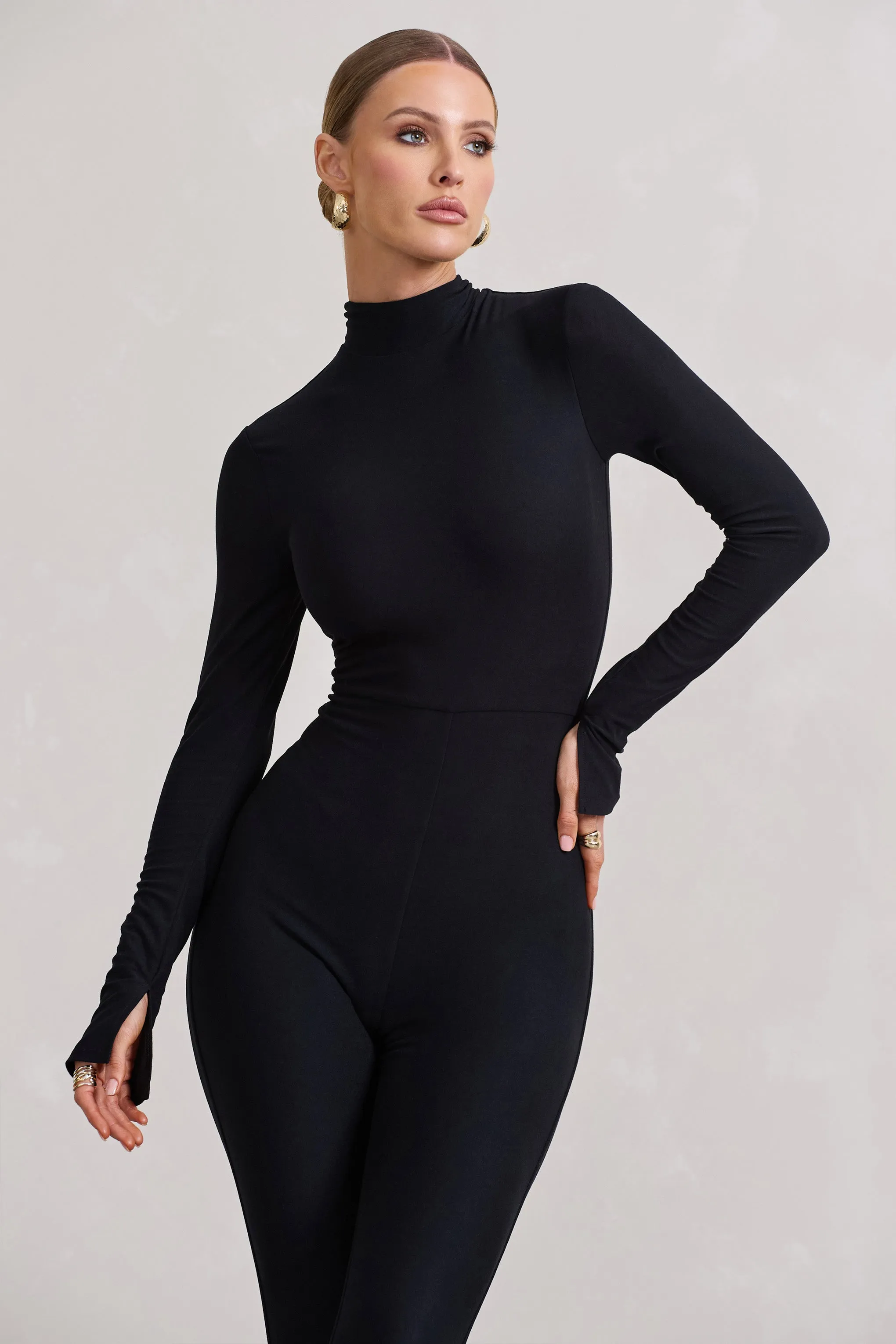 Elevated | Black High-Neck Slim-Leg Jumpsuit With Long Sleeves sold by Club L London product image thumbnail 3