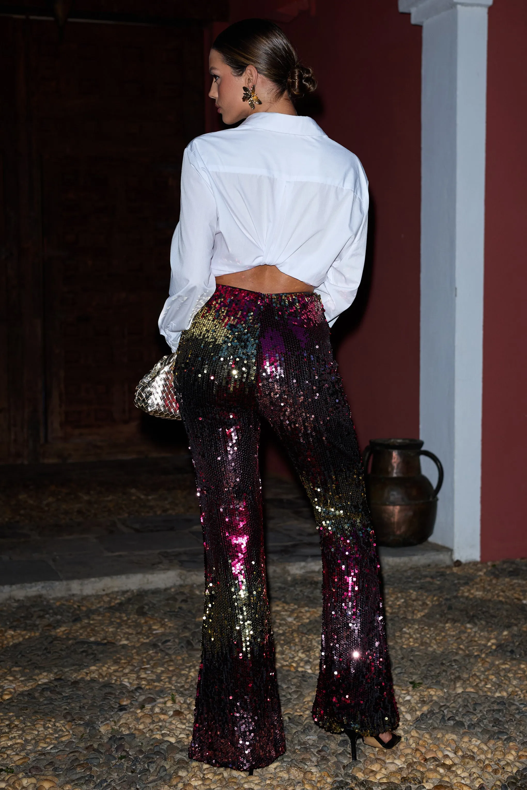 Carnival | Pink & Gold Sequin Flared-Leg Trousers sold by Club L London product image thumbnail 2
