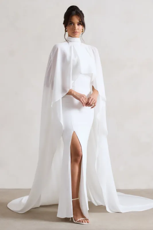 Saint | Cream Fishtail Split Maxi Dress With Chiffon Cape sold by Club L London