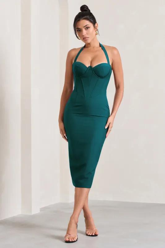 Supermodel | Bottle Green Halter-Neck Corset Midi Dress sold by Club L London