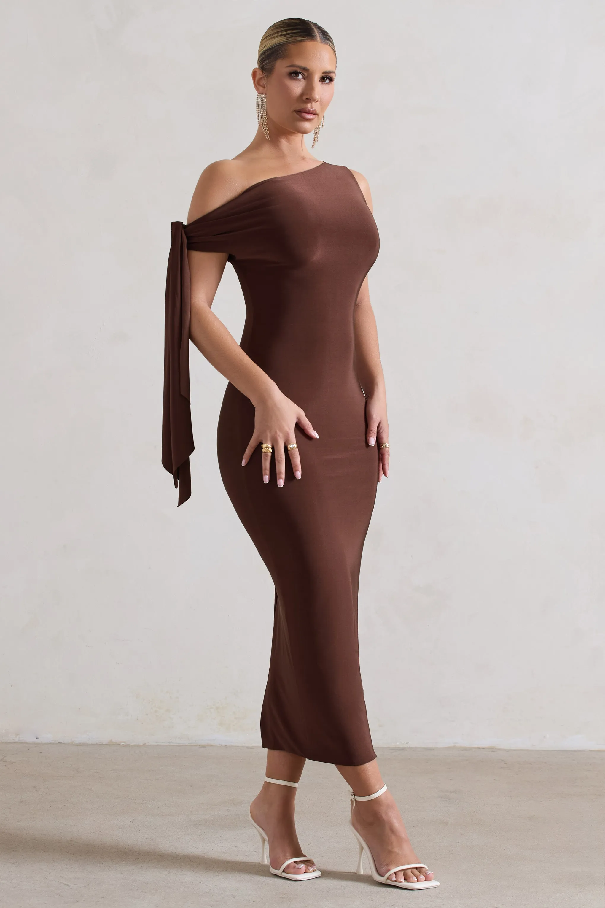 Adapt | Chocolate Brown Asymmetric Midi Dress With Tie Sleeve sold by Club L London product image thumbnail 4