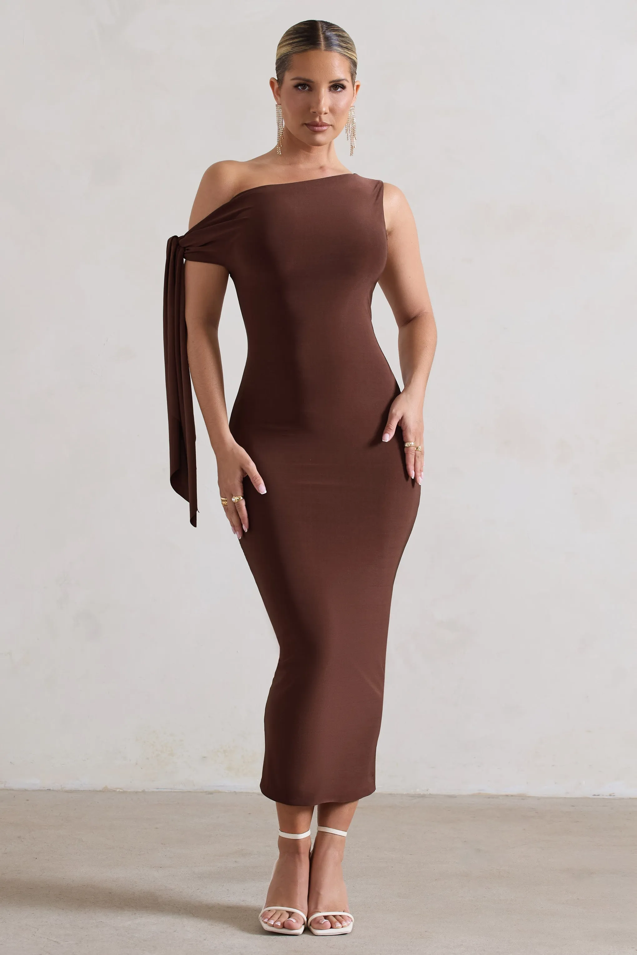 Adapt | Chocolate Brown Asymmetric Midi Dress With Tie Sleeve sold by Club L London