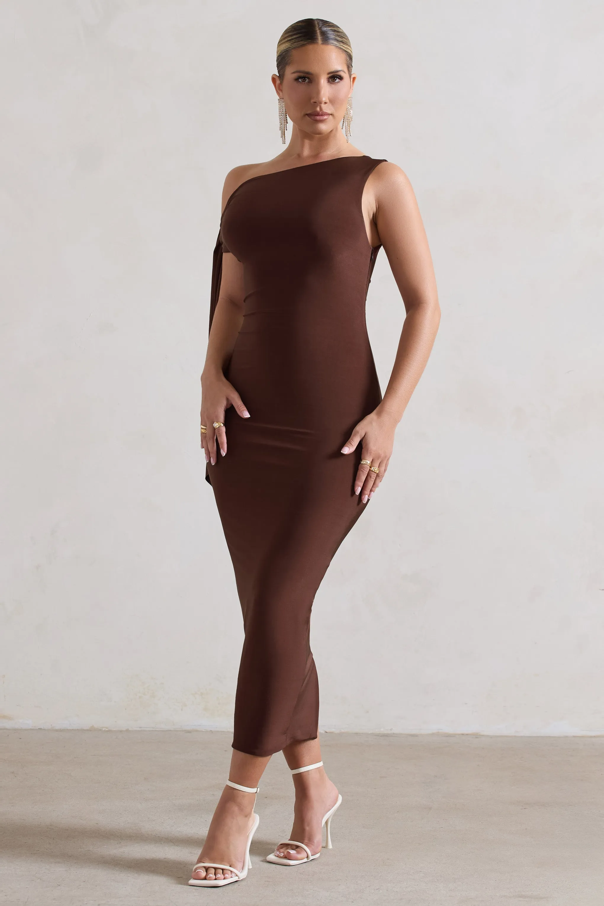 Adapt | Chocolate Brown Asymmetric Midi Dress With Tie Sleeve sold by Club L London product image thumbnail 3