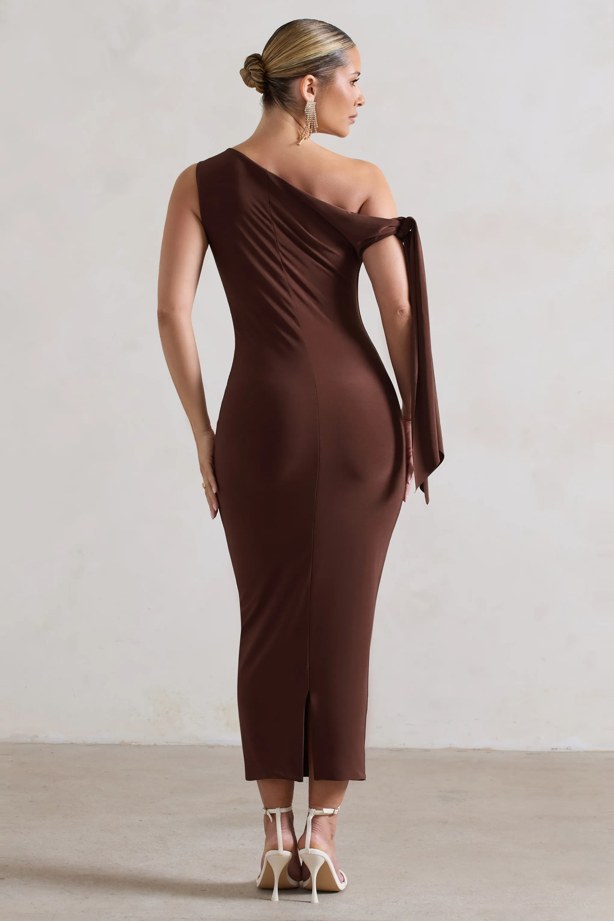 Adapt | Chocolate Brown Asymmetric Midi Dress With Tie Sleeve sold by Club L London product image thumbnail 2