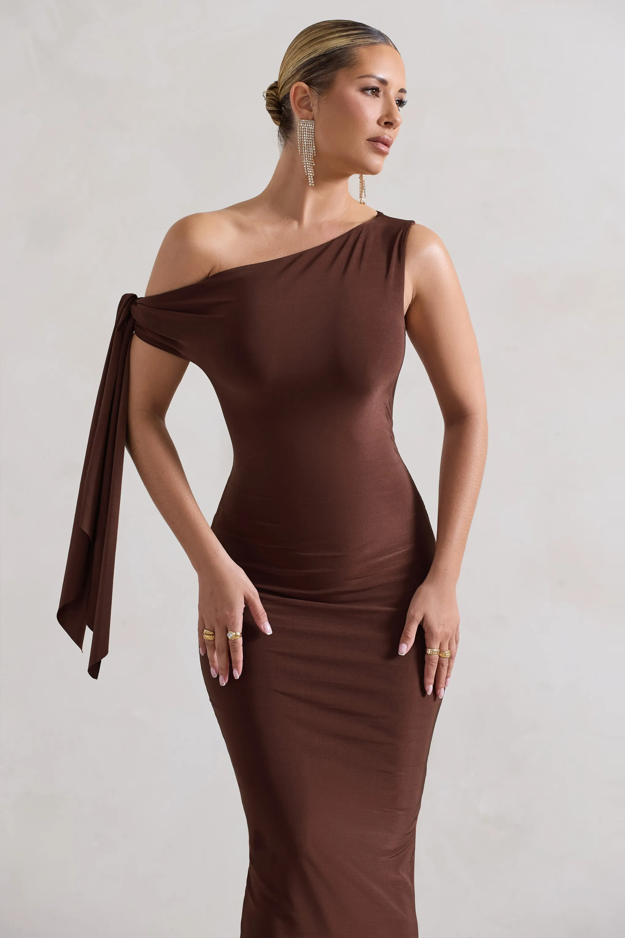Adapt | Chocolate Brown Asymmetric Midi Dress With Tie Sleeve sold by Club L London product image thumbnail 5