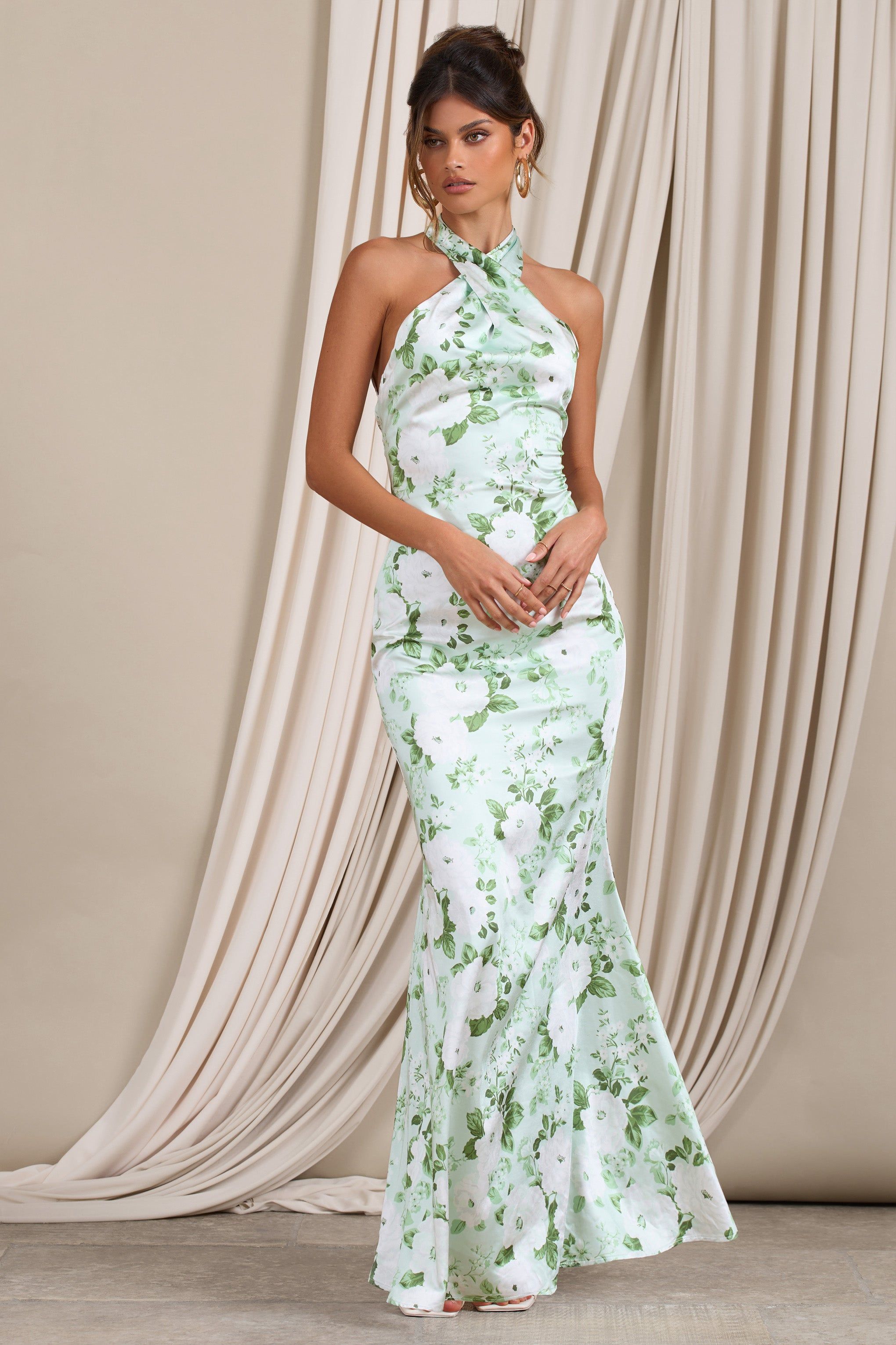 Unstoppable | Green Floral Print Satin Cross Over Halter Neck Maxi Dress sold by Club L London product image thumbnail 5