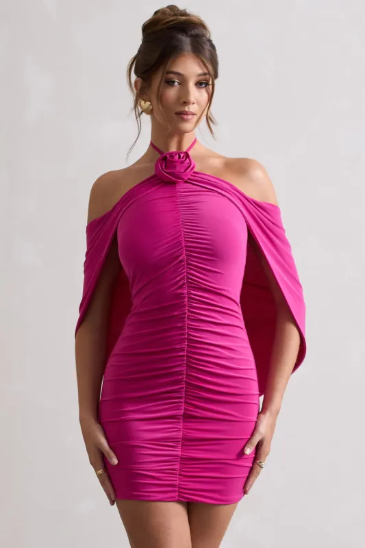 Adriana | Dark Pink Ruched Halter-Neck Draped Mini Dress With Corsage sold by Club L London
