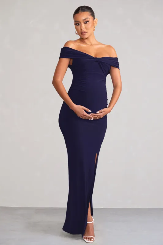 Kia | Navy Twist Bardot Maternity Maxi Dress with Split sold by Club L London