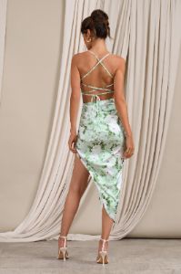 Risk It All | White & Green Floral Print Satin Cowl Asymmetric Midi Dress sold by Club L London