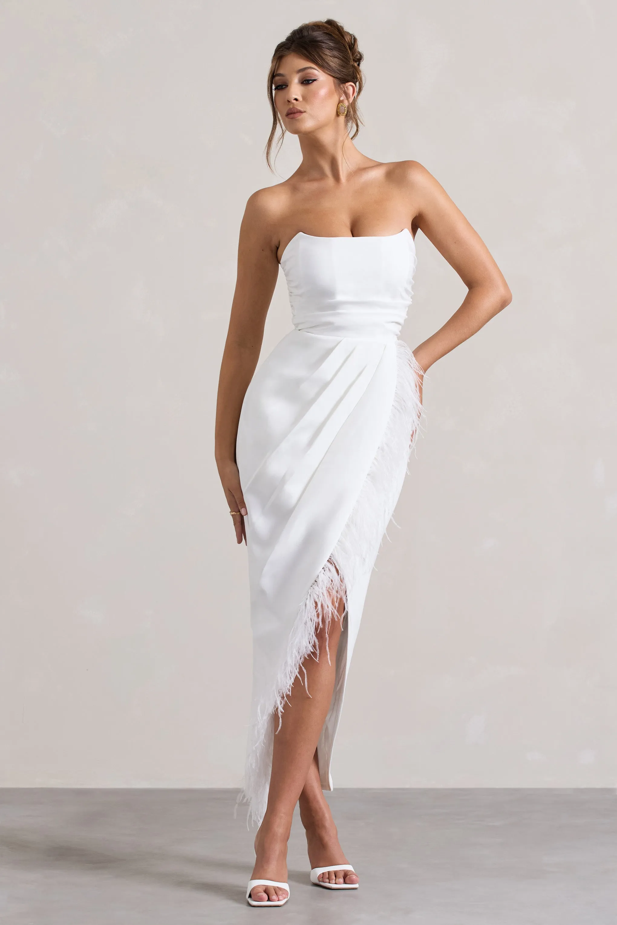 Chosen | White Bandeau Wrap Maxi Dress With Feather Trim sold by Club L London