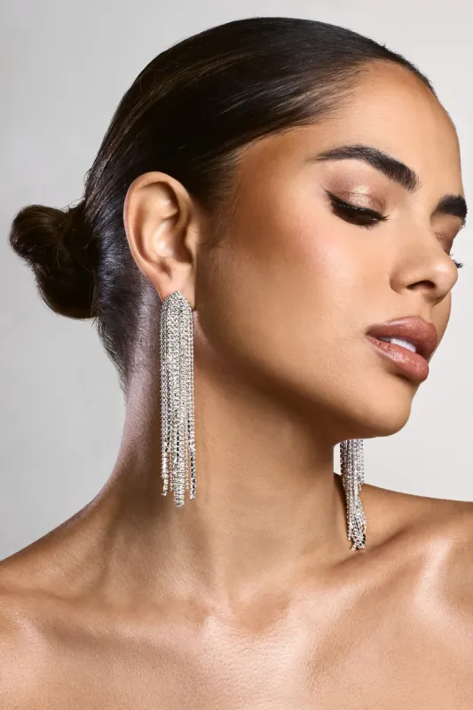 Erminia | Silver Diamante Chain Tassel Earrings sold by Club L London