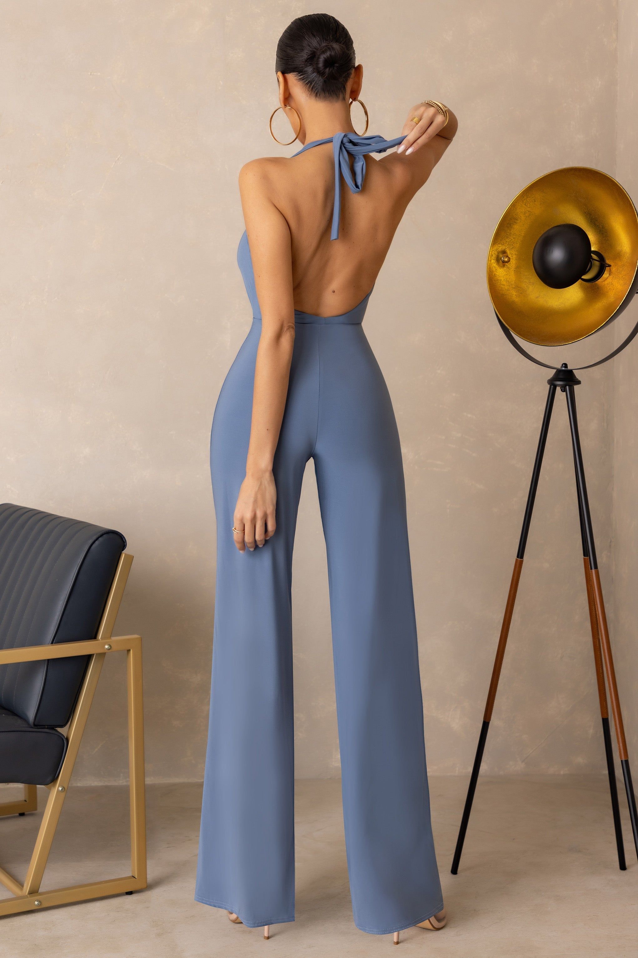Twisted | Slate Blue Twist Cut Out Jumpsuit with halter neck sold by Club L London product image thumbnail 2