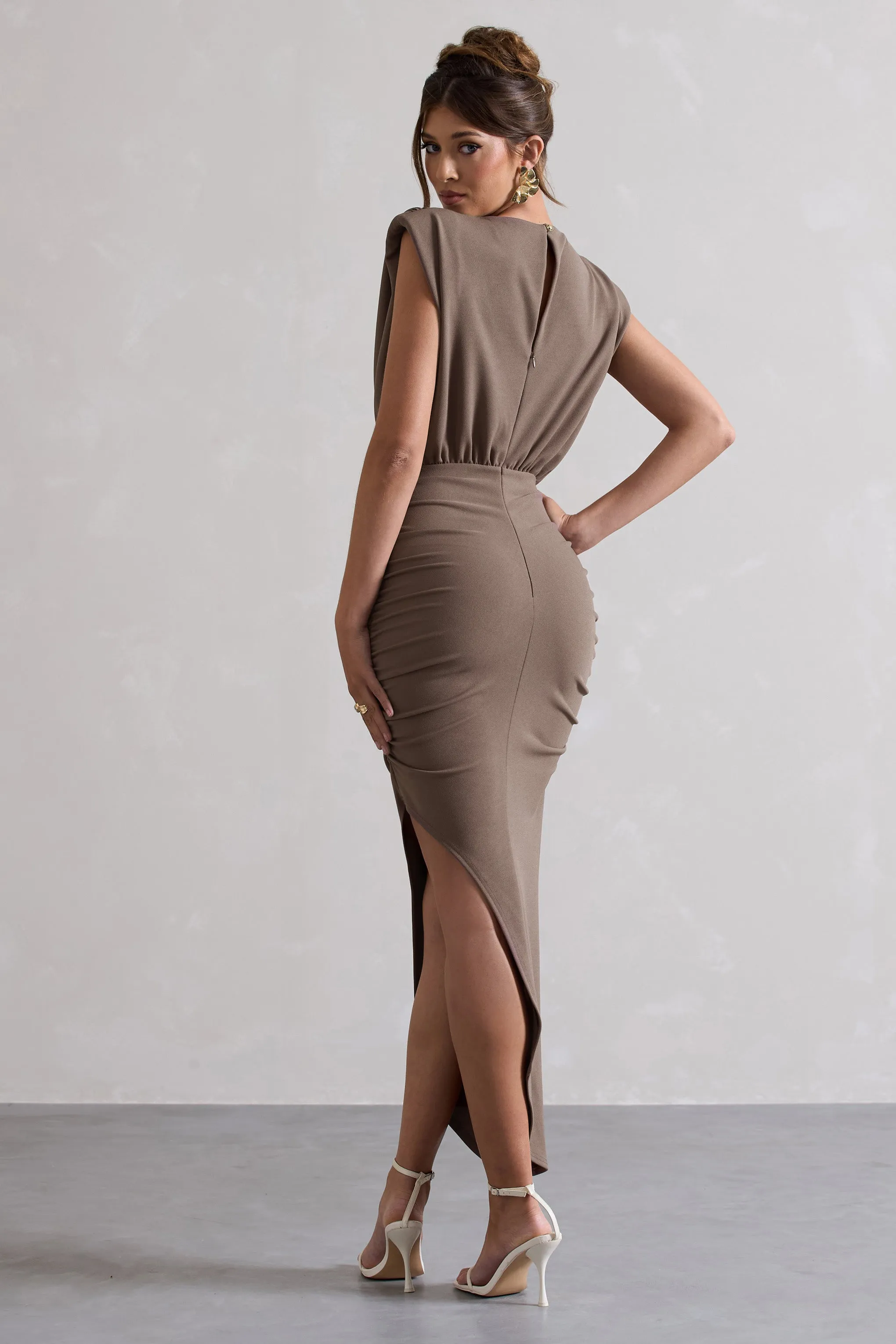 Jennifer | Mocha Sleeveless Maxi Dress With Asymmetric Hem sold by Club L London product image thumbnail 2